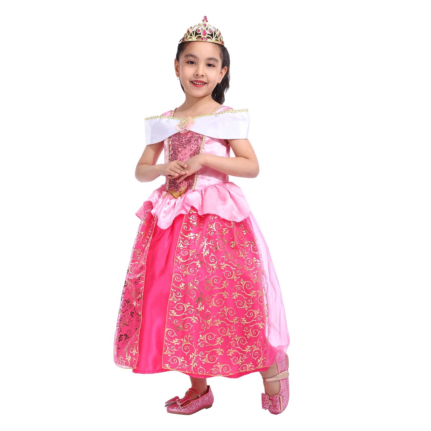 Spunicos Girls Aurora Sleeping Beauty Princess Dress With Tiara,Pink Princess Fancy Dress 5-6Years