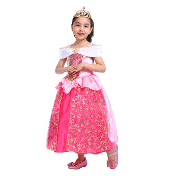 Spunicos Girls Aurora Sleeping Beauty Princess Dress With Tiara,Pink Princess Fancy Dress 5-6Years