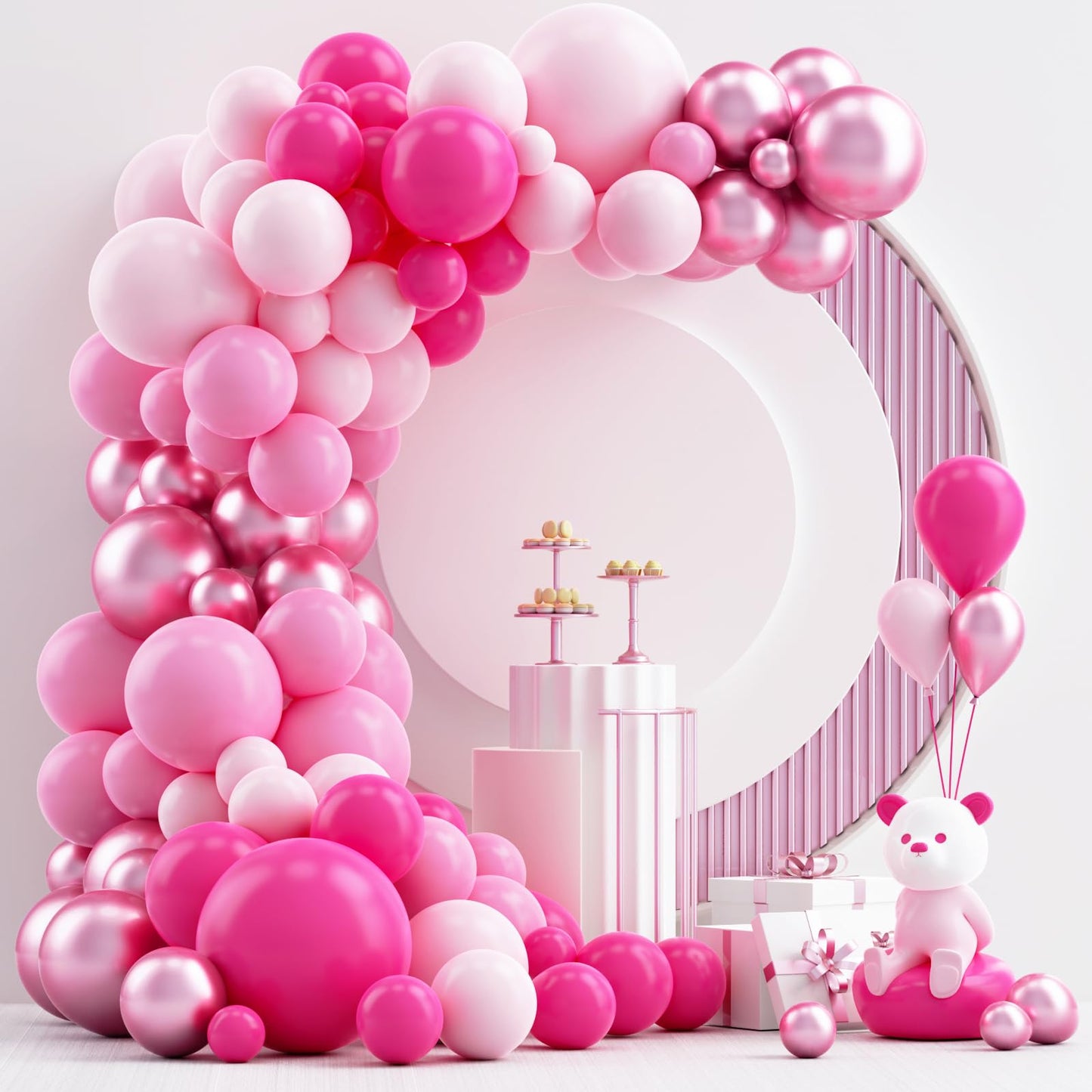 Nisocy Pink Balloons Garland Arch Kit, 18In 12In 10In 5In Different Size 124Pcs Hot Pink Metallic Pink Balloons For Pink Party,