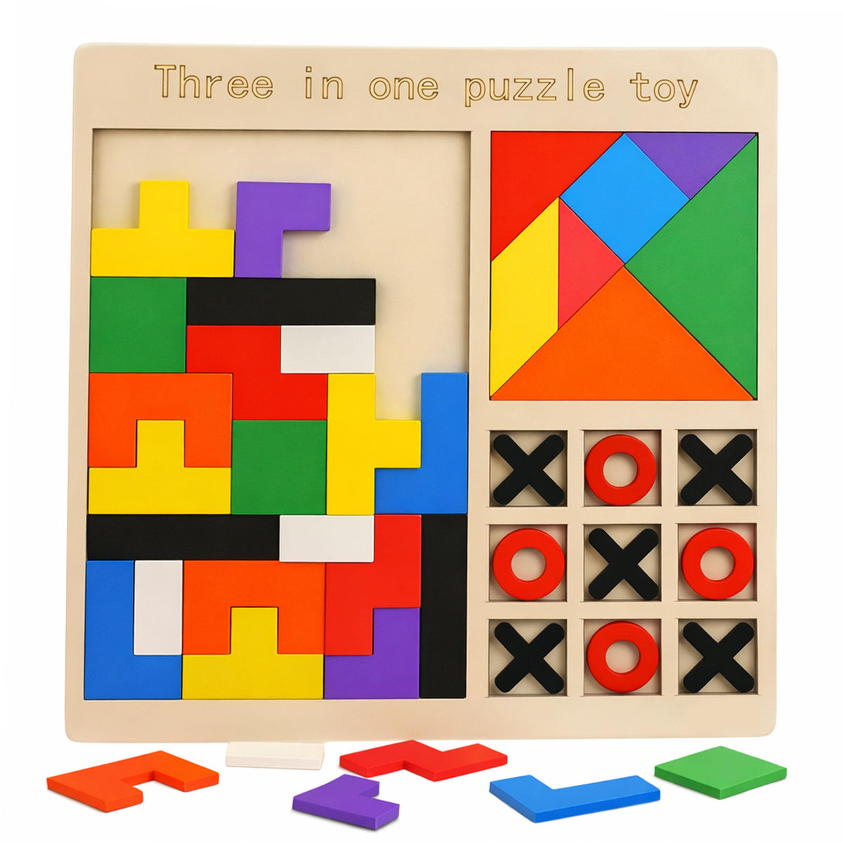 Toyshine 3 In 1 Wooden Tangram Shape Puzzle With Tic Tac Toe & Block Matching Game Wooden Puzzle Board For Kids Educational Mont