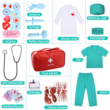 Parttely Doctor Costume For Kids, Halloween Costumes Career Day Costume For Kids Aged 3-8, Kids Scrubs With Lab Coat