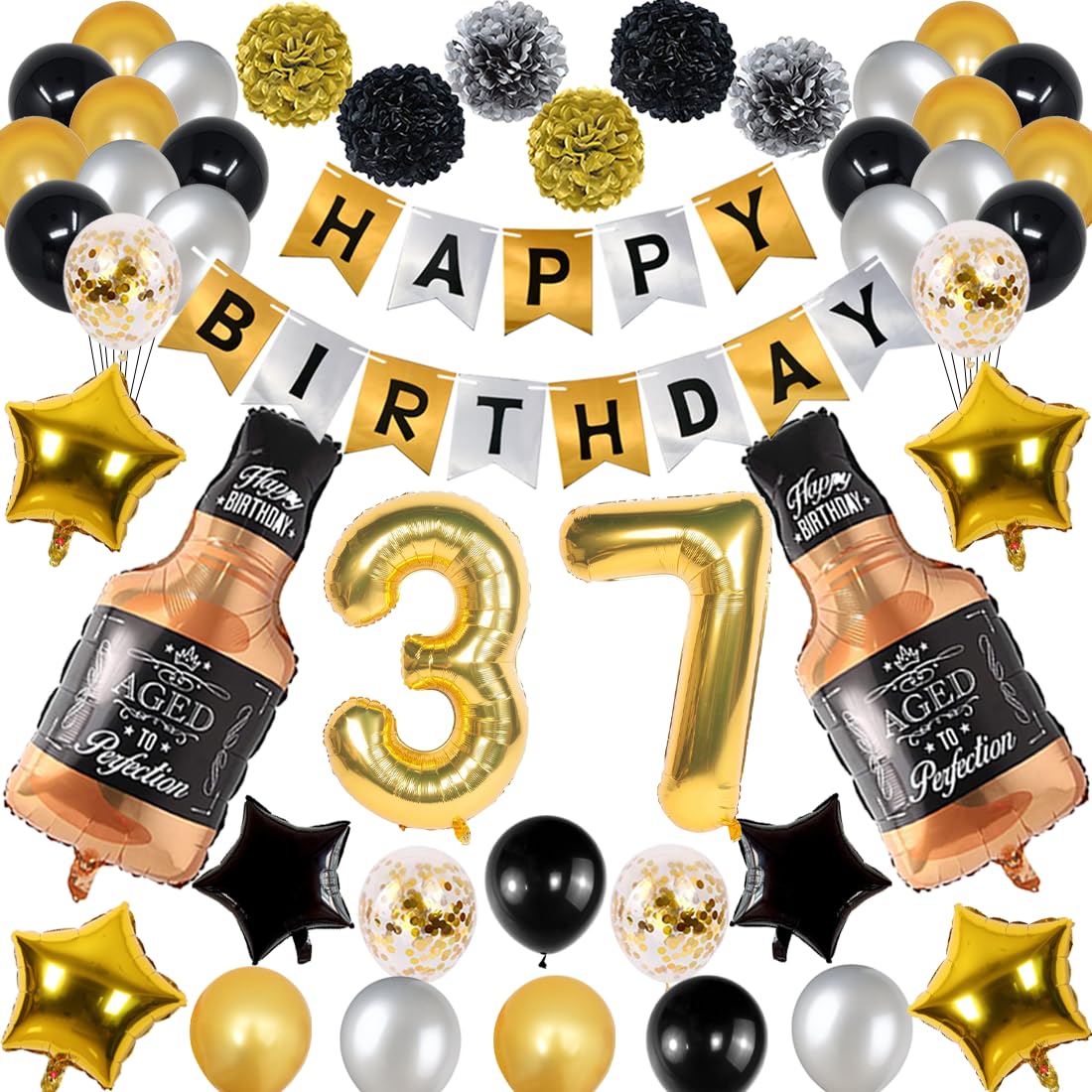 Naninuneno 37Th Gold Birthday Decorations, Gold Black Silver Happy Birthday Balloons Supplies For Boy Men Girl Women, 37 Birthda