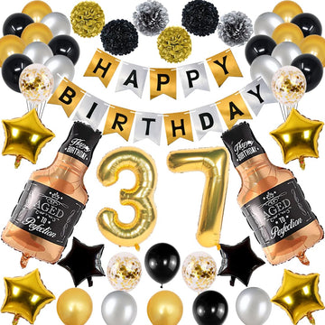 Naninuneno 37Th Gold Birthday Decorations, Gold Black Silver Happy Birthday Balloons Supplies For Boy Men Girl Women, 37 Birthda