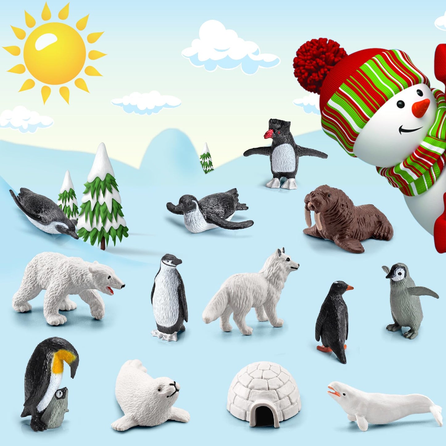 Scahow 26Pcs Arctic Animal Figures - Polar Animal Toys Figurines With Penguins Arctic Fox Wolf Polar Bear Reindeer - Miniature T