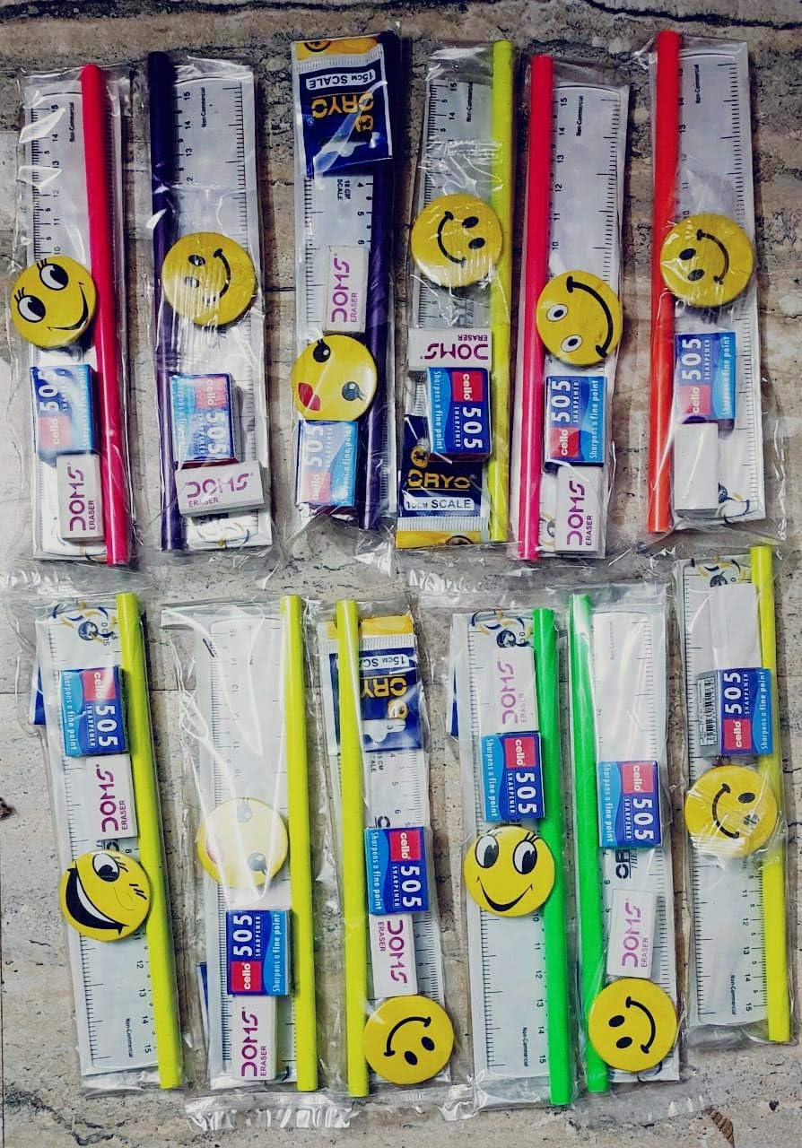 Decals Creation School Kids Return Gift Pencil, Scale, Eraser, Sharpener & Smiley Batch Stationary Set (Pack Of 12)