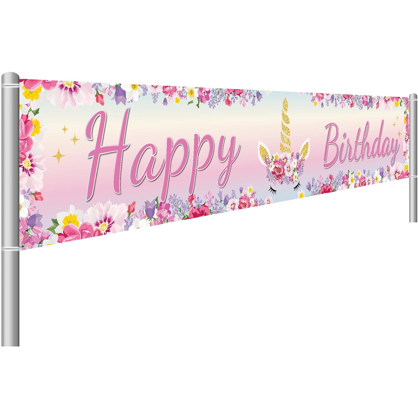 Large Unicorn Happy Birthday Banner 1.3 x 8.2 ft Huge Pink Unicorn Flowers Birthday Banner Floral Yard Sign Decorations for Outd