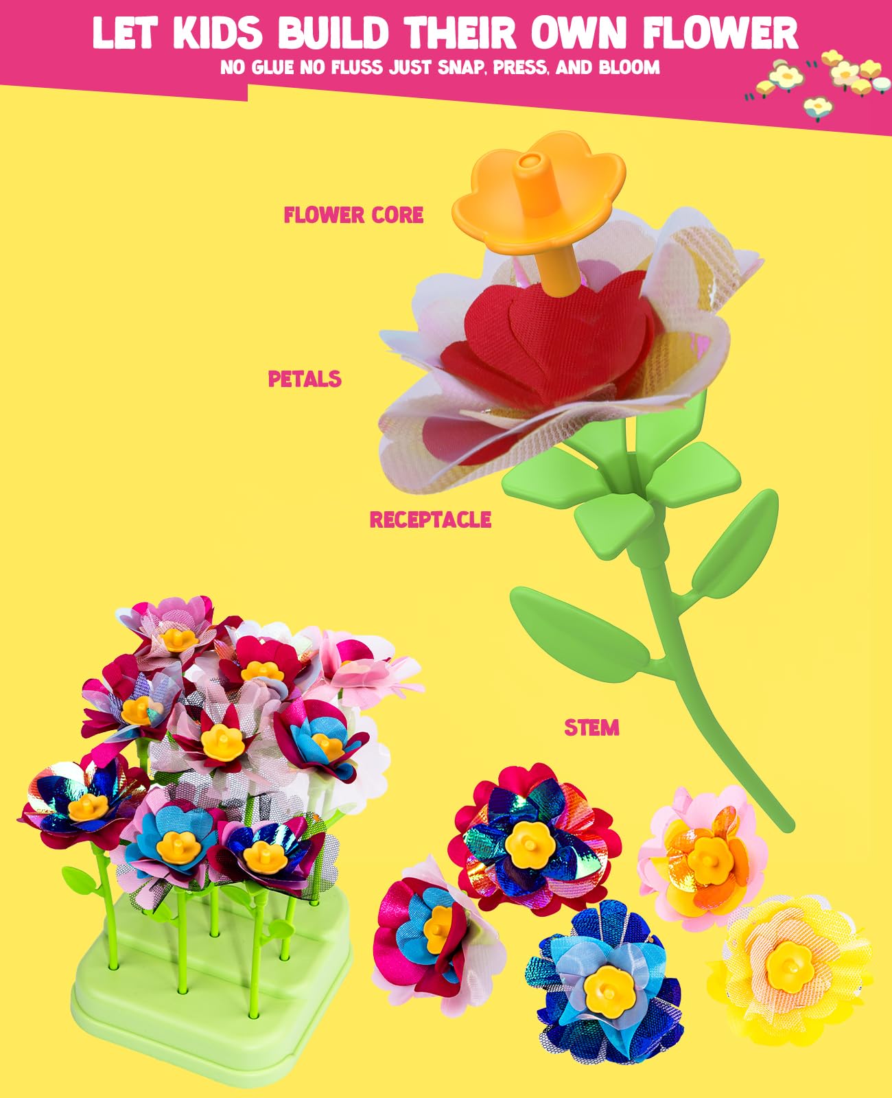 WKYCOE Fabric Flower Bouquets Craft Kit, DIY Arts and Crafts for Kids 4 5 6 7 8 9 Year Toddler Girl - Flowers Market Toy Educati