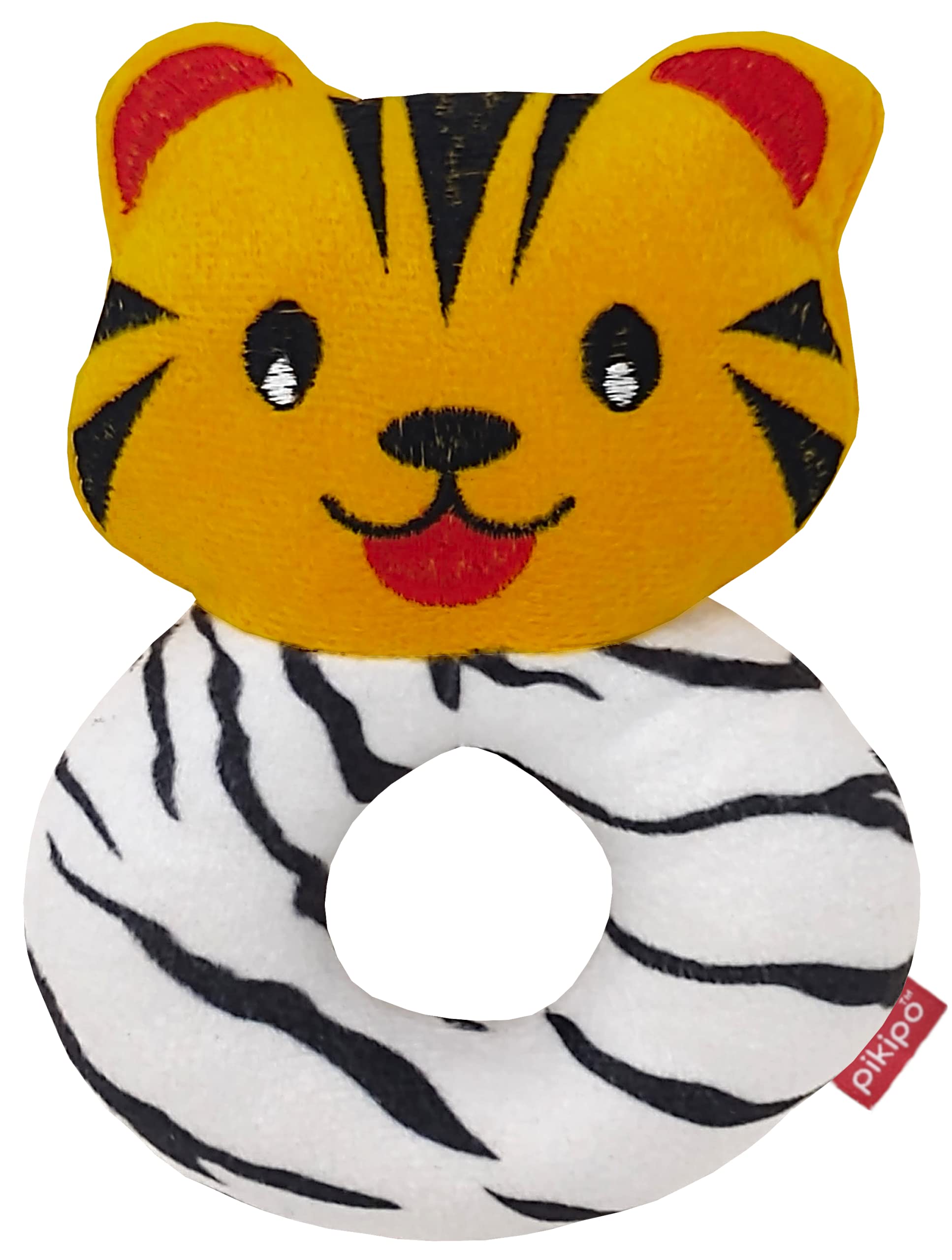 Pikipo Plush Tiger Face Rattle Soft Toy With Round Handle (Orange) - Toddlers