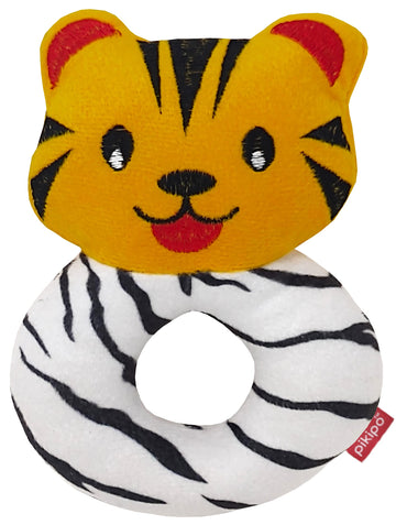 Pikipo Plush Tiger Face Rattle Soft Toy With Round Handle (Orange) - Toddlers