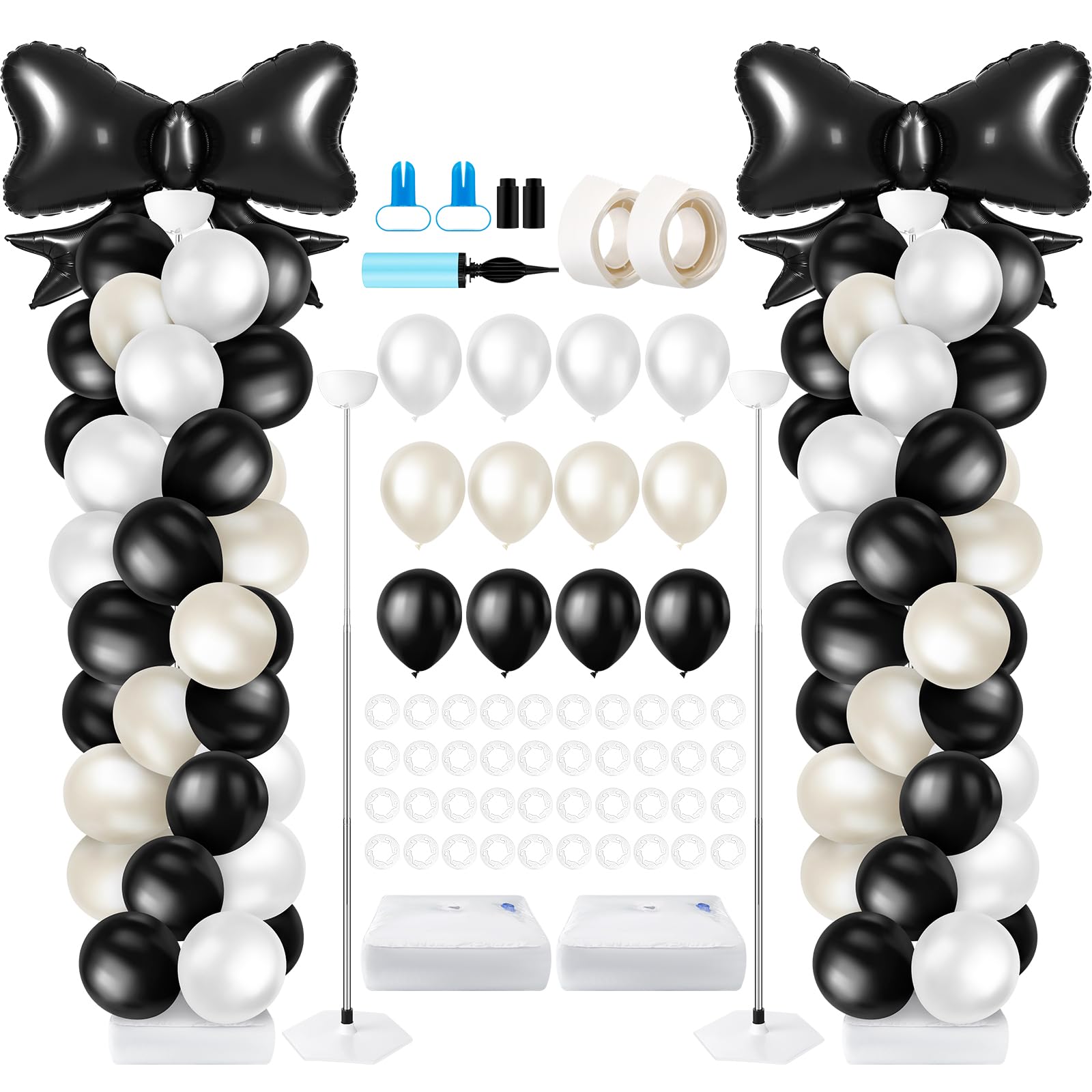 Kasyat 2 Sets Black Bow Balloon Column Stand Kit with 2 Black Bow Foil Balloons 100 Latex Balloons, Adjustable Stands Black and 