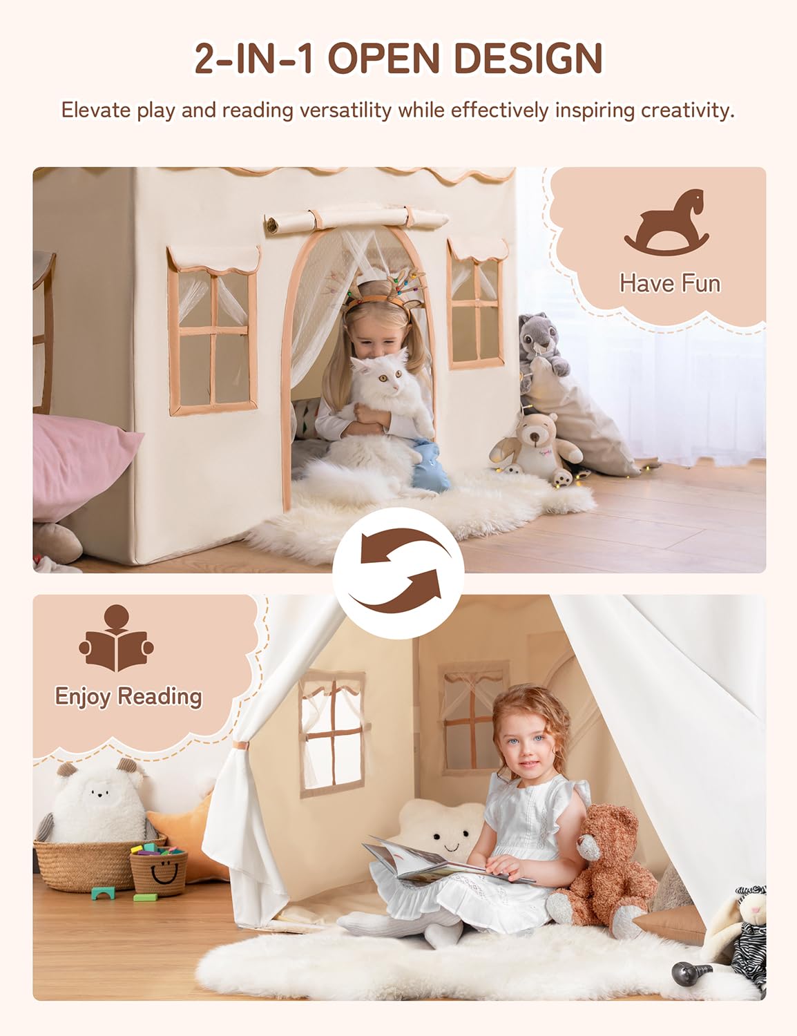 Besrey Kids Tent, Kids Playhouse 2 In 1 With Padded Mat And Lights, Large Play Tent With 2 Doors & 4 Windows, Kids Play Tent Indoor & Outdoor, Christmas Toddler Tent For Kids, 51' X35' X 51'