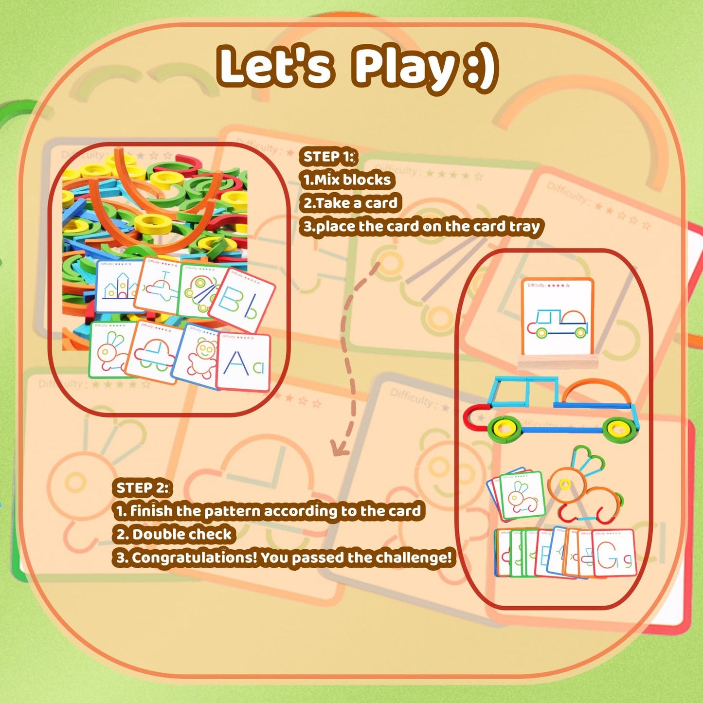 120Pcs Wooden Pattern Blocks, Sticks & Rings Wooden Tangram Puzzle Stem Preschool Brain Teaser Montessori Toys Gift For 3 4 5 Years Old Toddler Kids Boy Girl