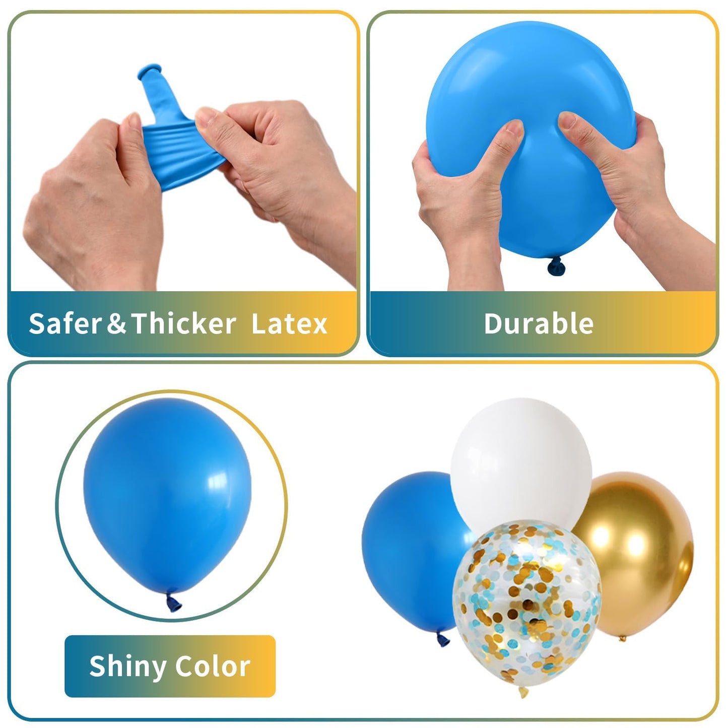 Blue White And Gold Balloons, 60 Psc Blue And White Balloons Set With Blue Gold Confetti Metallic Gold Balloons, 12 Inch Royal B