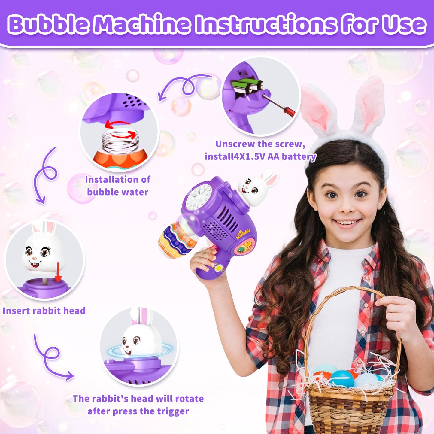 Zuicxlsy Easter Bunny Bubble Machine,Bubble Machine For Kids,Automatic Bubble Blower With Bubbles Solution, Bunny Bubbles Birthd