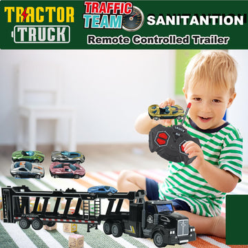 CALEST Remote Control Car Transporter Truck Includes 6 Cars, 14'' 1:48 Car Transporter Semi Truck Toy, Equipped with 2 Rechargea