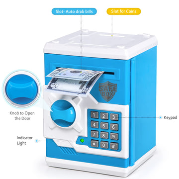 Atm Piggy Bank For Boys Girls, Vcertcpl Mini Atm Coin Bank Money Saving Box With Password, Kids Safe Money Jar For Adults With Auto Grab Bill Slot, Great Gift Toy Bank For Kids(Blue White)