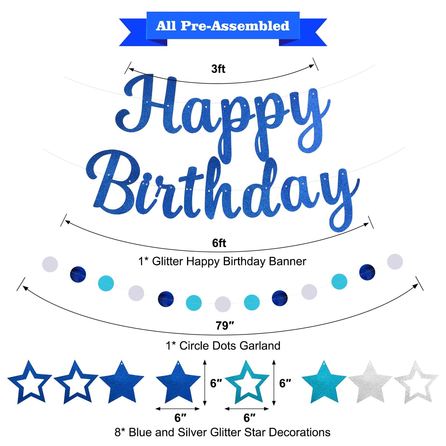 Blue Happy Birthday Decorations for Men, Happy Birthday Banner with Blue Happy Birthday Garland and Stars, NO DIY Birthday Party
