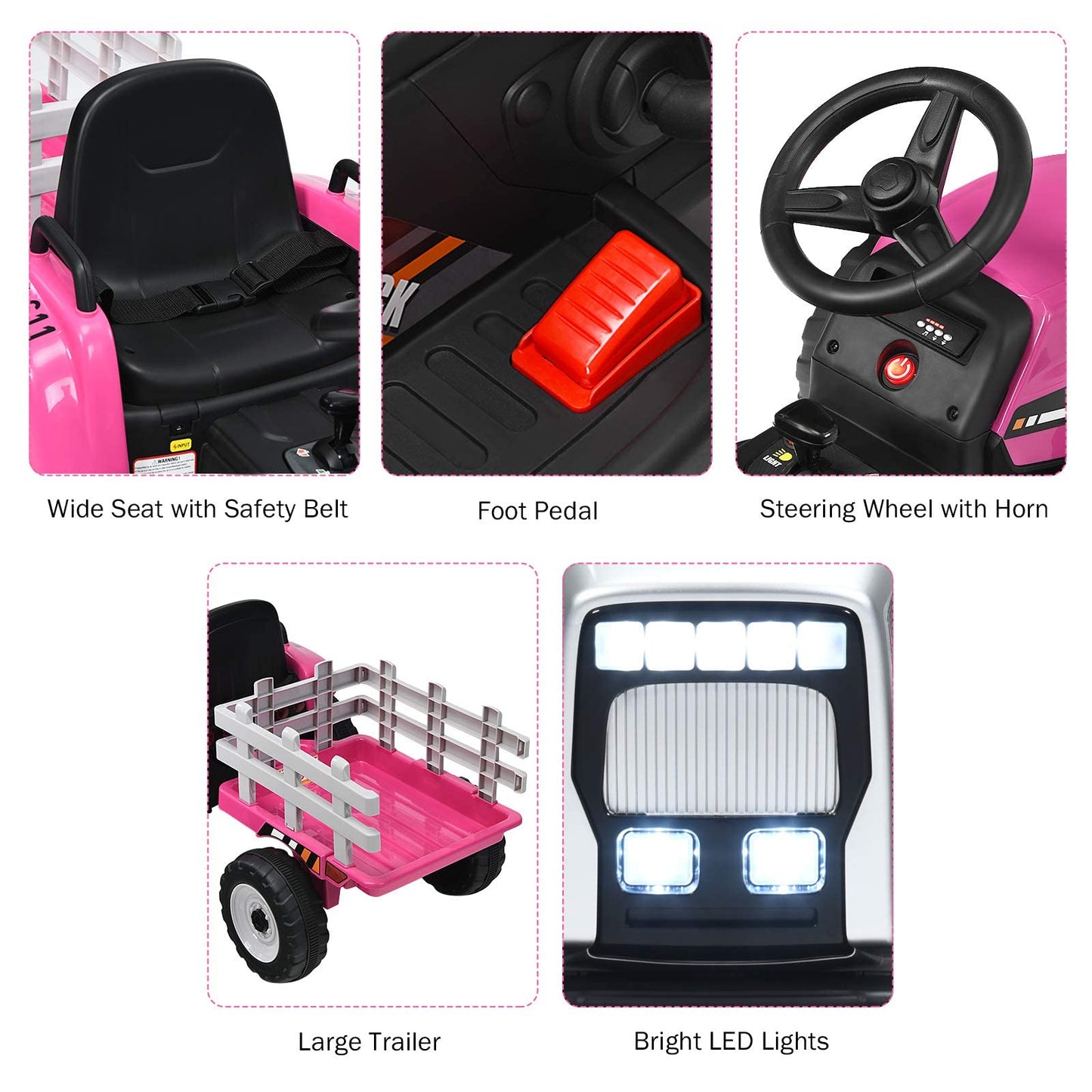 Costzon Ride On Tractor With Detachable Trailer, 12V Kids' Electric Vehicles W/3-Gear-Shift Ground Loader, Wireless Design & Usb, 7 Led Headlights, Remote Control Tractor Toys For Kids 3+ (Pink)