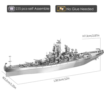 Piececool 3D Puzzles For Adults, Uss Missouri Battleship Metal Model Kits, Diy 3D Metal Puzzle For Teenagers Students Stress Relief, Aircraft Carrier Toy Gift For Boys Men, 155 Pcs