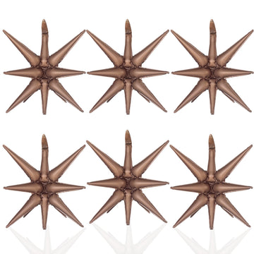 6 Pcs Brown Star Foil Balloons One-Piece 14-Pointed Star Balloons 4D Starburst Cone Mylar Balloons 22Inch Christmas Birthday Wed