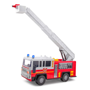 Playkidiz 15'' Fire Truck Toy for Kids with Lights and Siren Sounds, Classic Red and White Rolling Emergency Vehicle, Interactiv