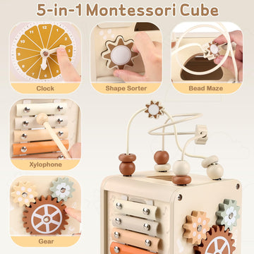 Vanplay Montessori Toys For 1+ Year Old Girls Boy Gifts, Wooden Activity Cube Sensory Toys For Babies 6-12-18 Months, Learning Educational Toys 1 2 3 Year Old First Birthday Gifts For Toddler 1-3