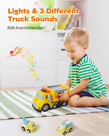 Construction Car Carrier Toys Set for 3 4 5 6 Years Old Toddlers Boys & Girls Gift, 4 Small Cartoon Cute Cars Trucks Crane Mixer