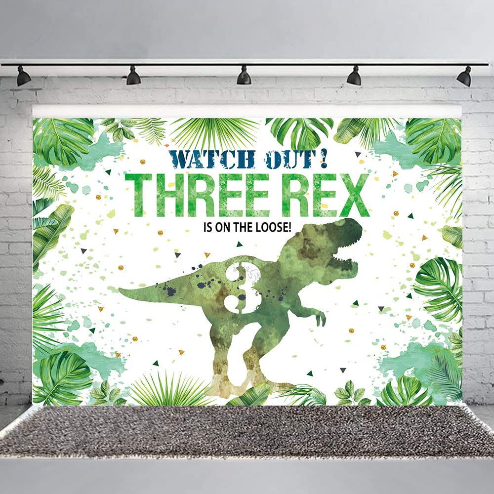 Hilioens Dinosaur Birthday Backdrop, 5'×3' Green Polyester Banner, 3rd Birthday Party Decorations, Model BK-068-WE