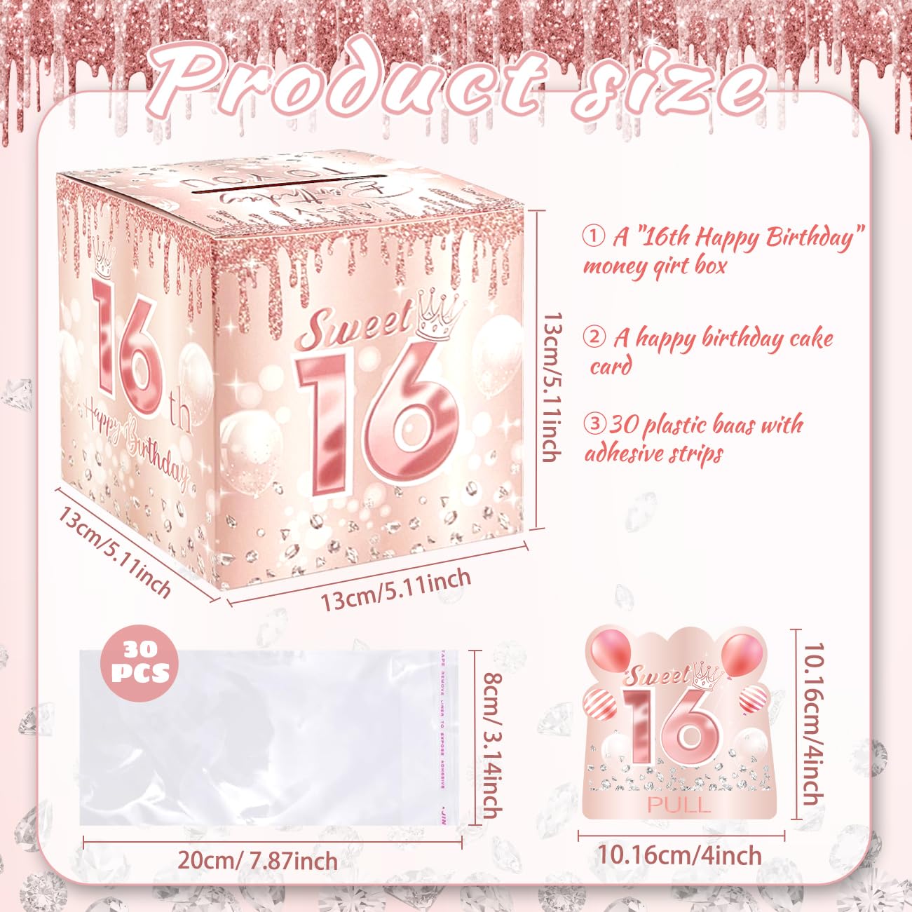 Sweet 16 Party Decorations, Rose Gold 16Th Birthday Money Boxes For Girls, Sweet 16 Money Pull Box, 16 Year Old Surprise Money B