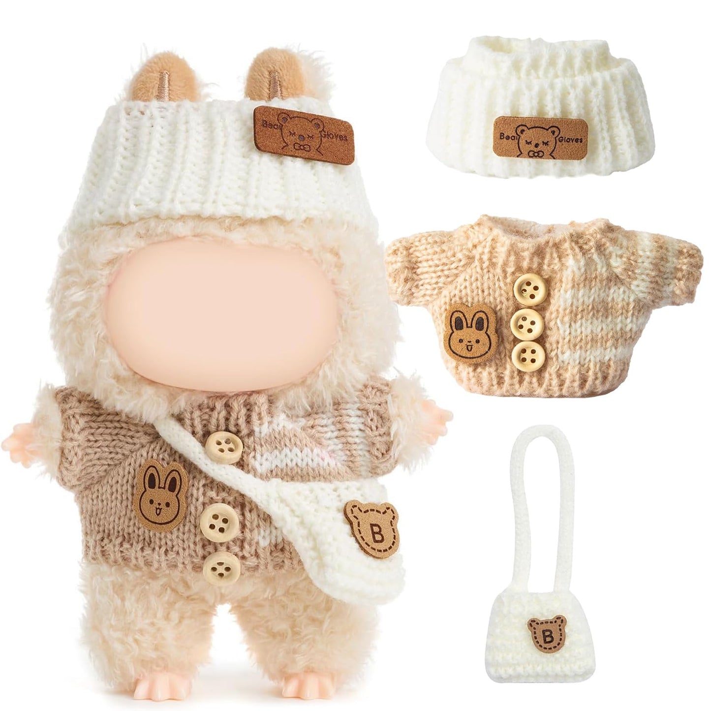 Clothes for LABUBU Doll (NO Doll)  Handcrafted Crochet 3-Piece Accessories for LABUBU 17cm Dolls  enhanced Outfit - Bunny Sweater + Hat + Bag  Cute Clothes for Dress up Unique Style (Beige)