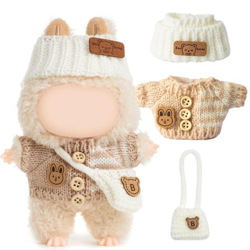 Clothes for LABUBU Doll (NO Doll)  Handcrafted Crochet 3-Piece Accessories for LABUBU 17cm Dolls  enhanced Outfit - Bunny Sweater + Hat + Bag  Cute Clothes for Dress up Unique Style (Beige)