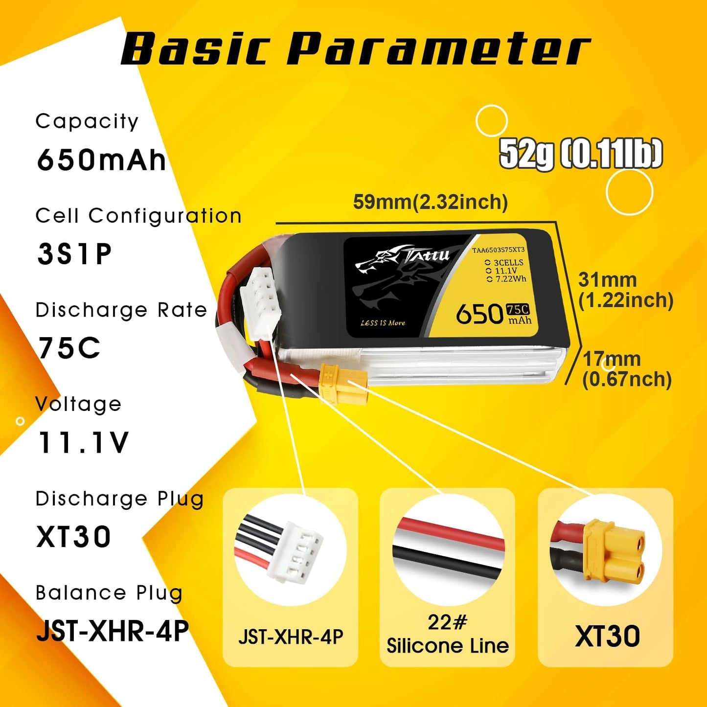 TATTU 3S1P 75C 11.1V 650mAh Lipo Battery Pack with XT30 Plug(2 Pcs)