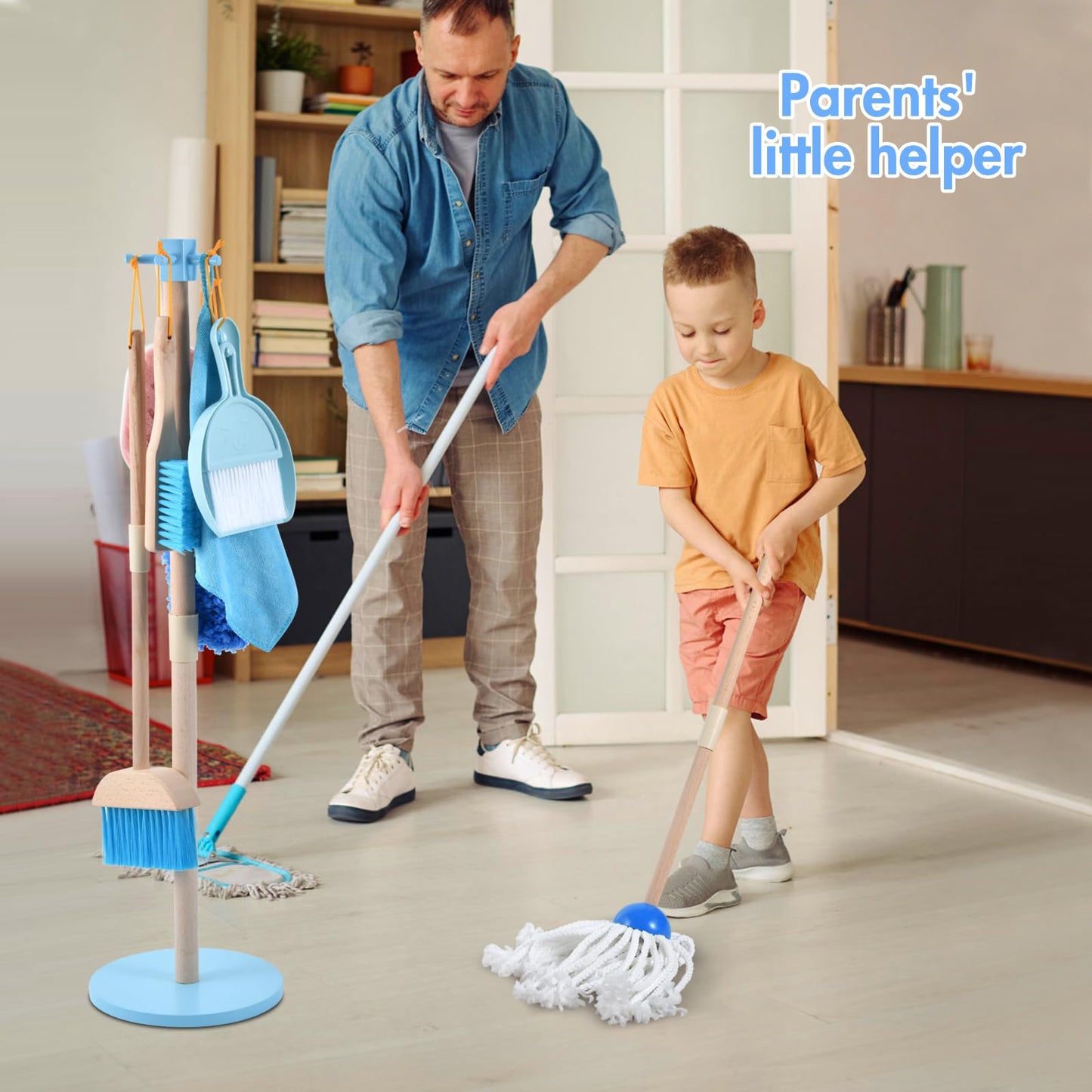 Whoholl Wooden Toddler Cleaning Set, Blue Toys Montessori Toys For 3+ Years Old Boy, Housekeeping Play Set Includes Broom Mop Du