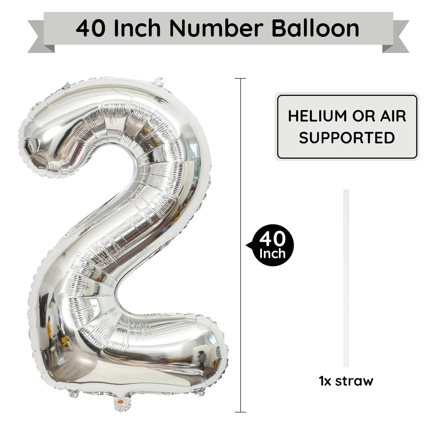 Paticool Silver Number 2 Balloon, 40 Inch Large Number Foil Mylar Balloons For 2Nd Girl Boy Birthday Party Celebration Decoratio