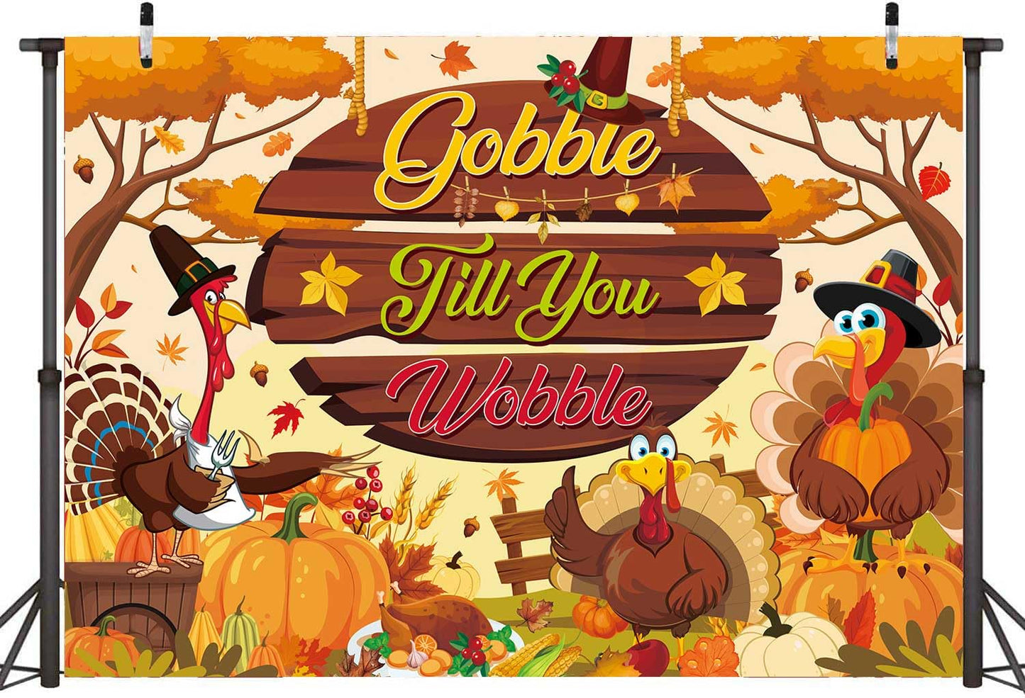 Gobble Till You Wobble Banner Backdrop 8x6FT Fall Maple Leaves Pumpkin Turkey Friendsgiving Photography Background Funny Rustic