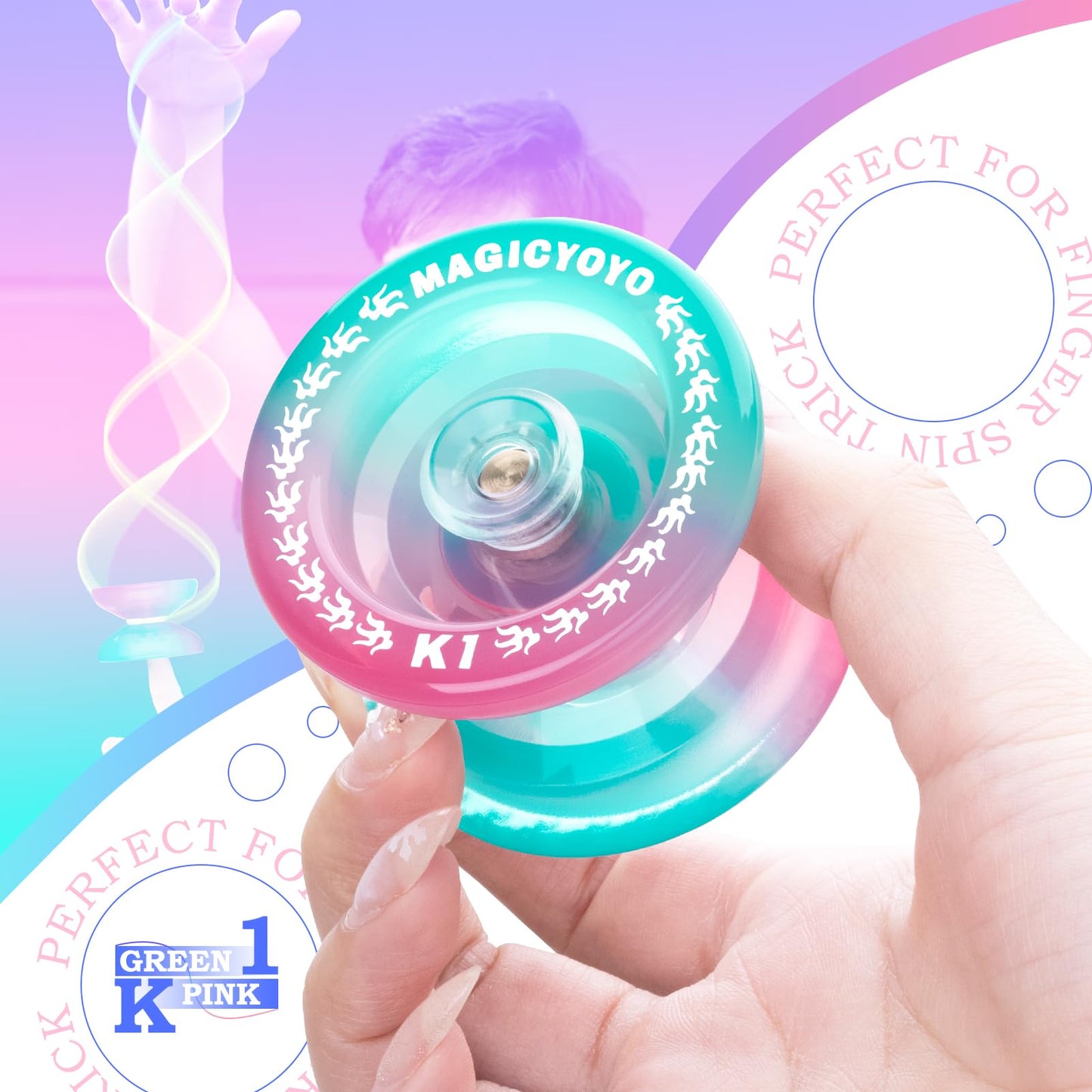 Magicyoyo Responsive Yoyo K1-Plus For Kids Beginners, Dual Purpose Yoyo With Unresponsive Bearing Kit + Yoyo Storage Bag + 12 Yoyo Strings And Yo-Yo Glove Gift (Green Pink)