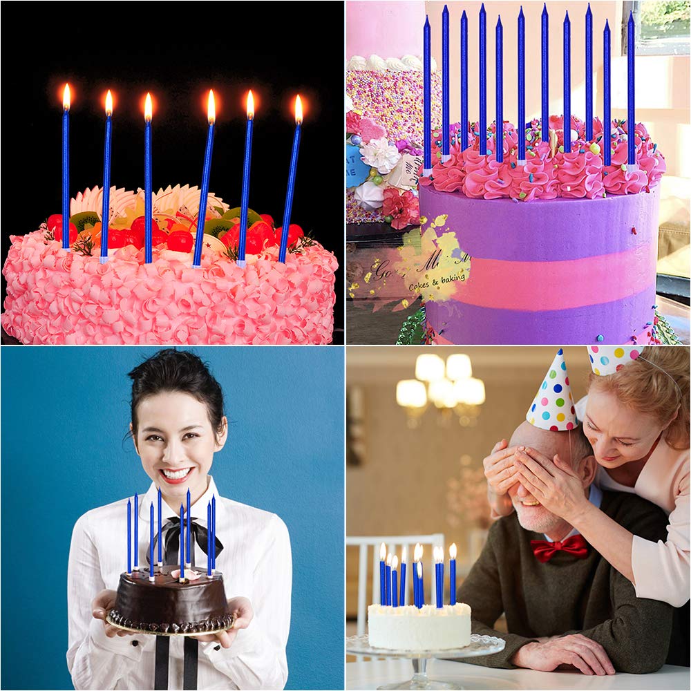 12 Count Long Thin Blue Birthday Cake Candles in Holders for Birthday Wedding Party Cupcake Decorations Tall Candles