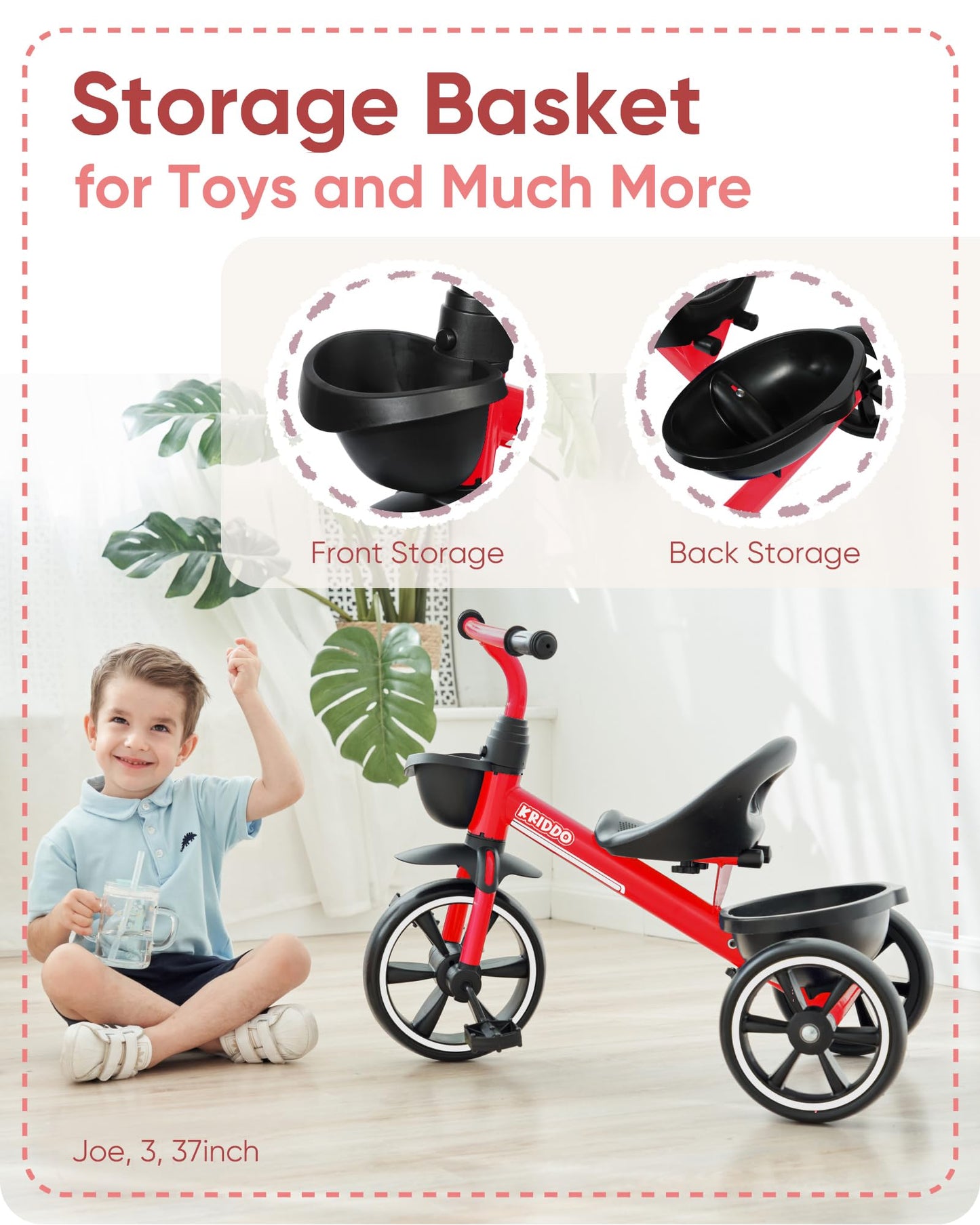 KRIDDO Kids Tricycles Age 24 Month to 4 Years, Trike for 2.5 to 5 Year Old, Gift Tricycles for 2-4 Year Olds, Trikes for Toddler