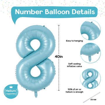 8Th Birthday Number Balloons For Kids, 40 Inch Foil Number 8 Balloons Baby Pastel Blue, Helium Large Self Inflating Mylar 8 Ball