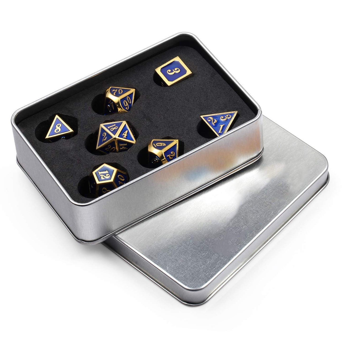 Set of 7 Metal Dice Set with Storage Box - Royal Blue with Gold Numbers - Includes D4, D6, D8, D10, D12, D20 and D% by SciencePu