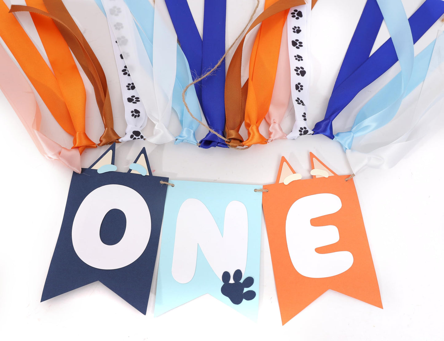 Light Blue Navy Brown Orange 1st Birthday High Chair Banner - First Birthday Party Decoration, Little Puppy Highchair Banner Ins