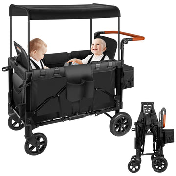 Stroller Wagon for 2 Kids, Wagon Cart Featuring 2 High Seat with 5-Point Harnesses and Adjustable Canopy, Convenient for Storage