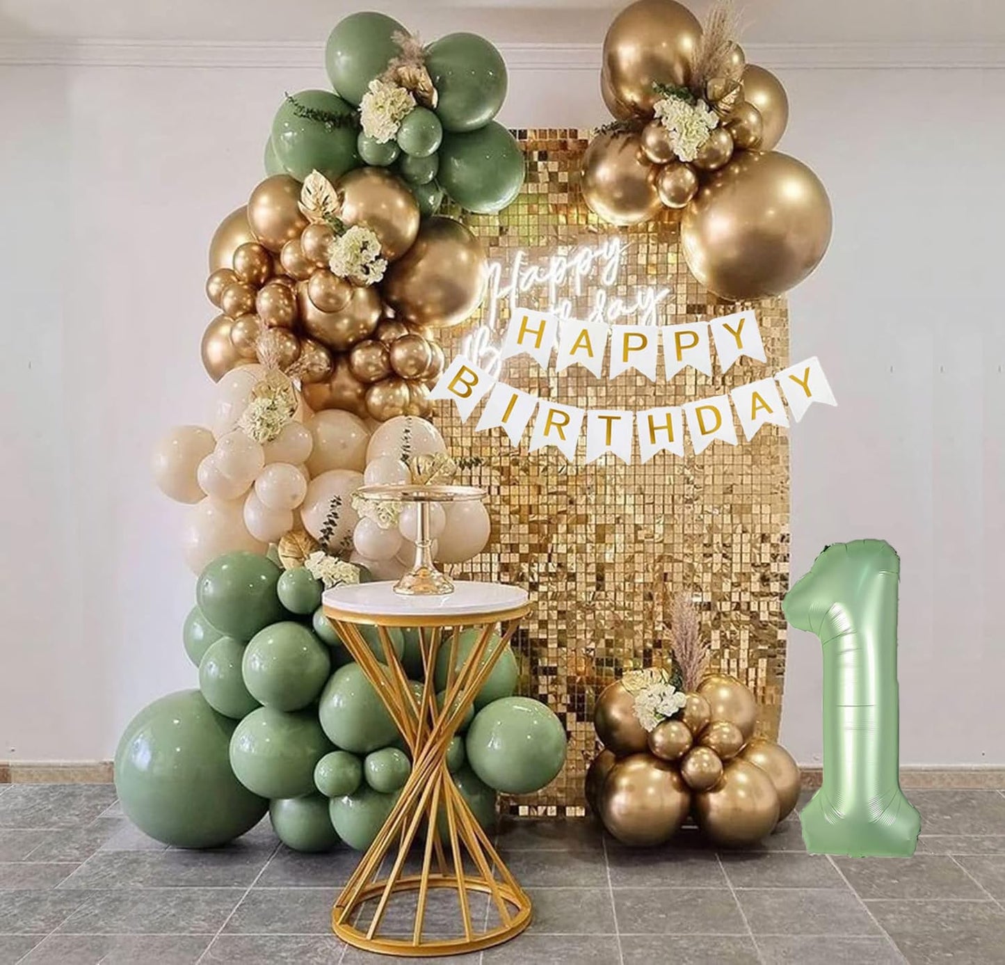 Sage Green First Birthday Decorations For Boys, 40Inch Olive Green Number 1 Balloon And Happy Birthday Banner Set With 12Inch Sa