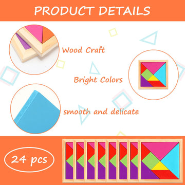 Syhood 24 Pieces Tangrams Puzzles For Students Party Favors Wooden Tangram Pattern Blocks Brain Logic Blocks For Manipulatives Games Educational Gifts And Party Favors(Bright)