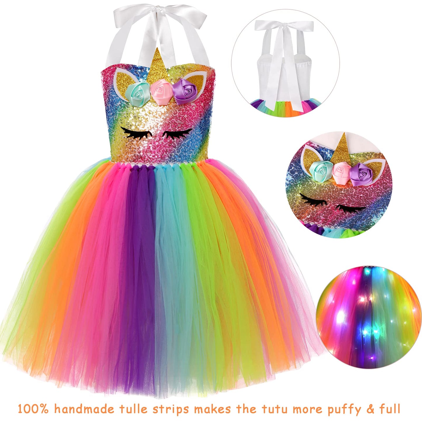 Gigoitly Unicorn Dress For Girls Sequin Unicorn Costume With Led Lights For Halloween Birthday Party Decorations (Rainbow Unicorn, 7-8 Years)