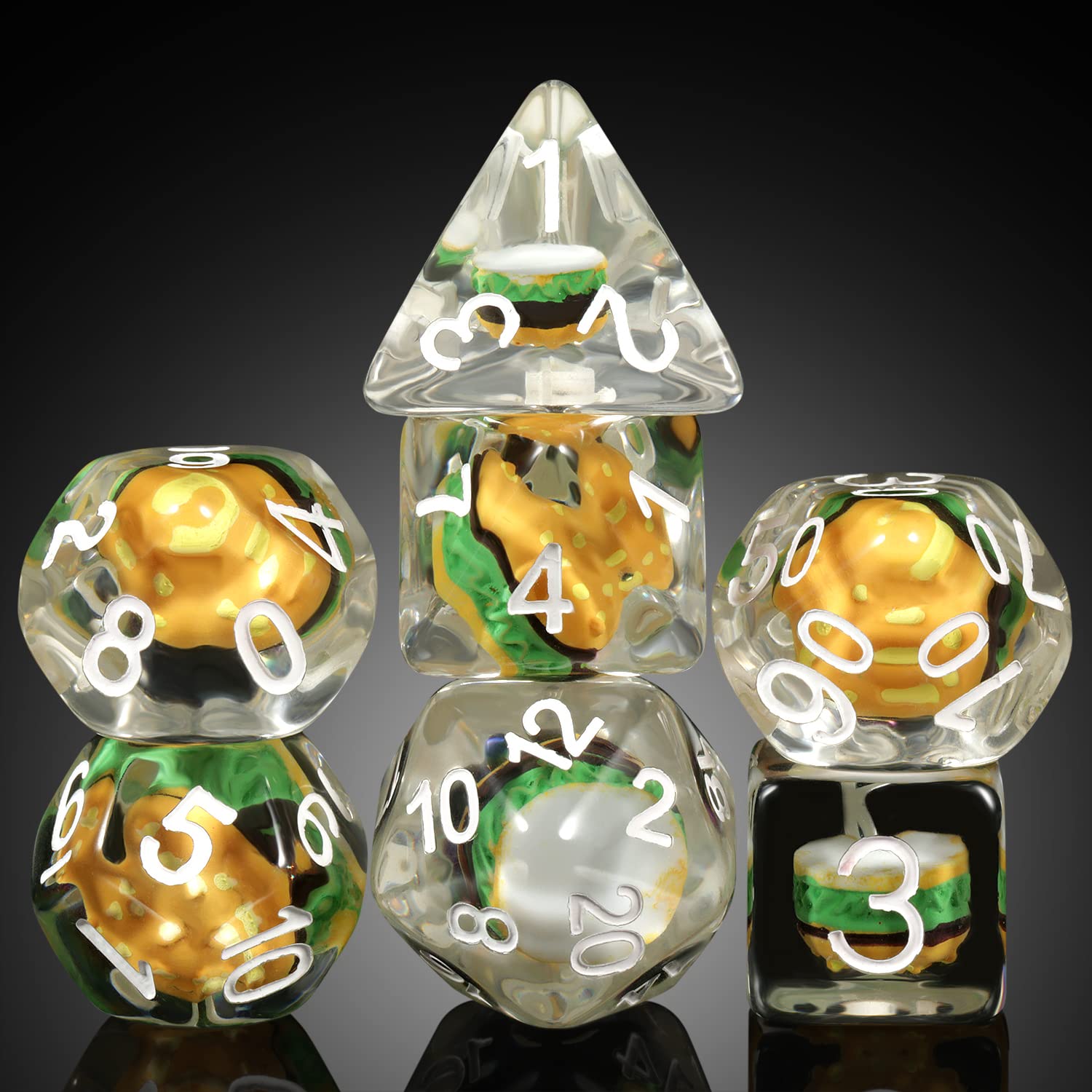 Hamburger Dungeons and Dragons Dice, DNDND 7PCS Resin DND Dice Set with Velvet Bag for D&D Role Playing Games and Tabletop Games