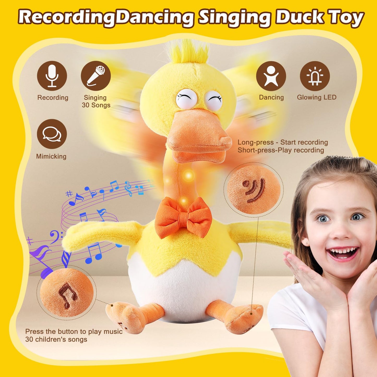 13' Eggshell Talking Dancing Duck, Repeating What You Say Mimicking Recording Plush Baby Toy Musical Songs Singing Talking Glowing Animated Twisting Gifts Of Lighting Up Funny Toys For Toddler Kids