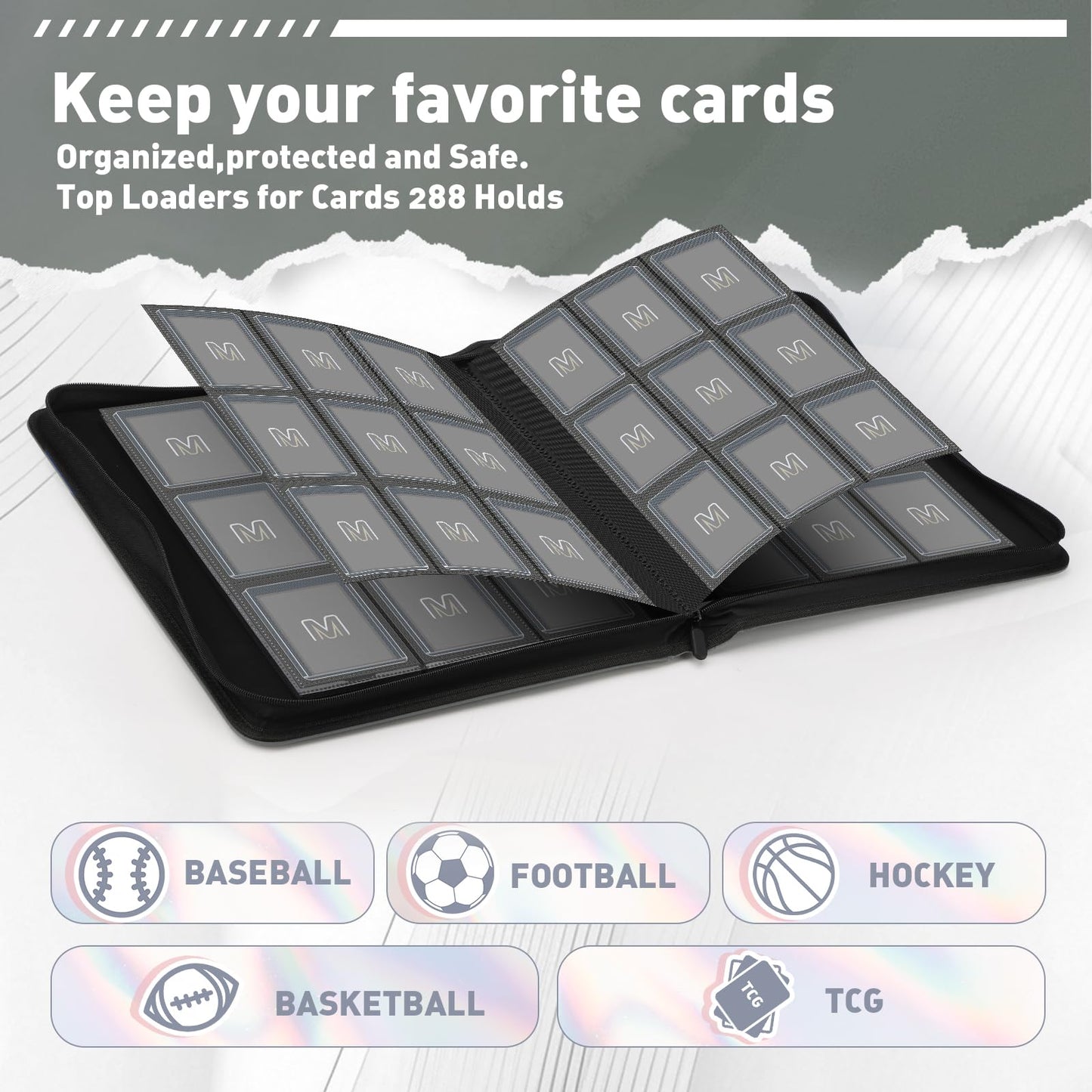 Toploader Binder Trading Card Binder Storage Hold up 288 Cards 9-Pocket Top Loader Binder with Sleeves for 3x4 Rigid Toploaders Hard Cases (9Dark Grey)