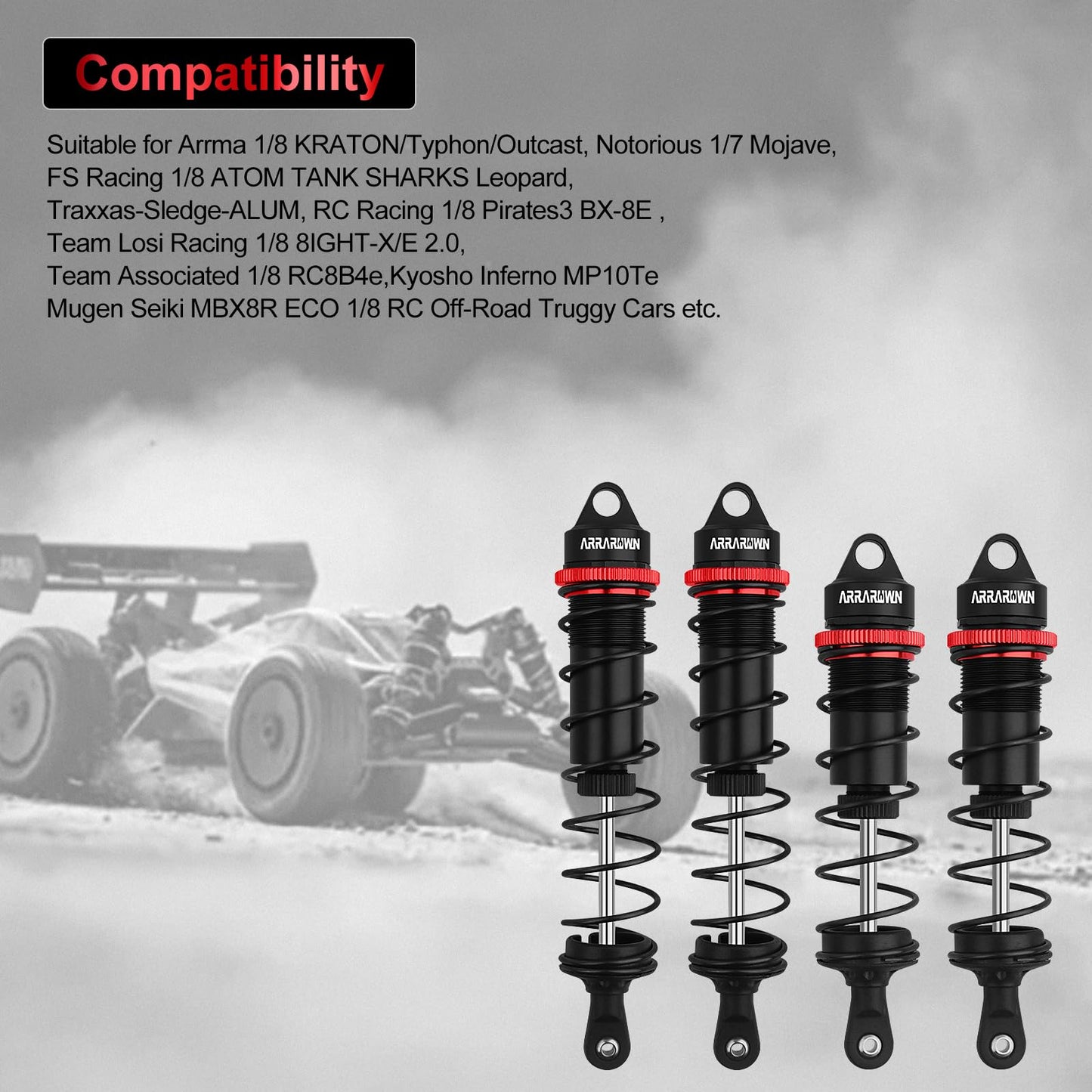 RC Car Shock Absorbers, 130mm Rear Shocks 110mm Front Shocks Set Adjustable Shocks Compatible with 1/8 Arrma Typhoon 6S Redcat F