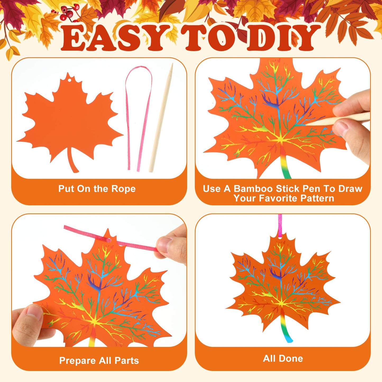 Frienda 80 Sets Fall Crafts Thanksgiving Scratch Crafts Colorful Color Scratch Maple Leaves Art Thanksgiving Arts and Craft for